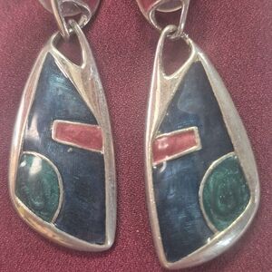 Silver inlay earrings with sodalite, coral, and malachite gemstones. EUC
